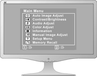 VA2231wa Main Menu (Hlavné menu) s ovládačmi obrazovkového displeja Predný ovládací panel podrobne zobrazený dolu Zobrazuje obrazovku ovládača pre zvýraznený ovládač.