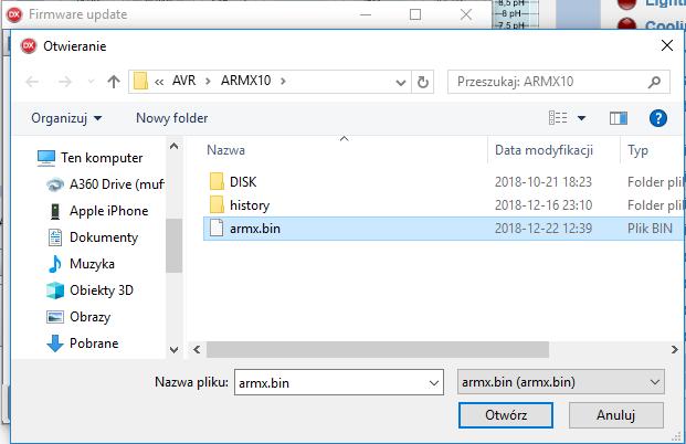 6. V okne aktualizácie firmvéru stlačte tlačidlo Update. 7. Zapnite počítač ARMX. 8.