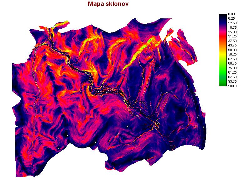 4.3 Metodika hodnotenia ohrozenosti územia vodnou eróziou Z digitálneho modelu reliéfu som pomocou modulu Surface vytvorila mapu sklonov pre dané územie. Obr.