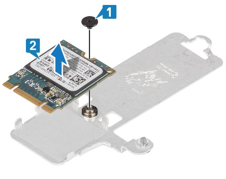 4. Prevráťte termoregulačnú platňu. 5. Odskrutkujte skrutku (M2x2), ktorá upevňuje disk SSD k termoregulačnej platni [1]. 6. Nadvihnite a vyberte disk SSD z termoregulačnej platne [2].