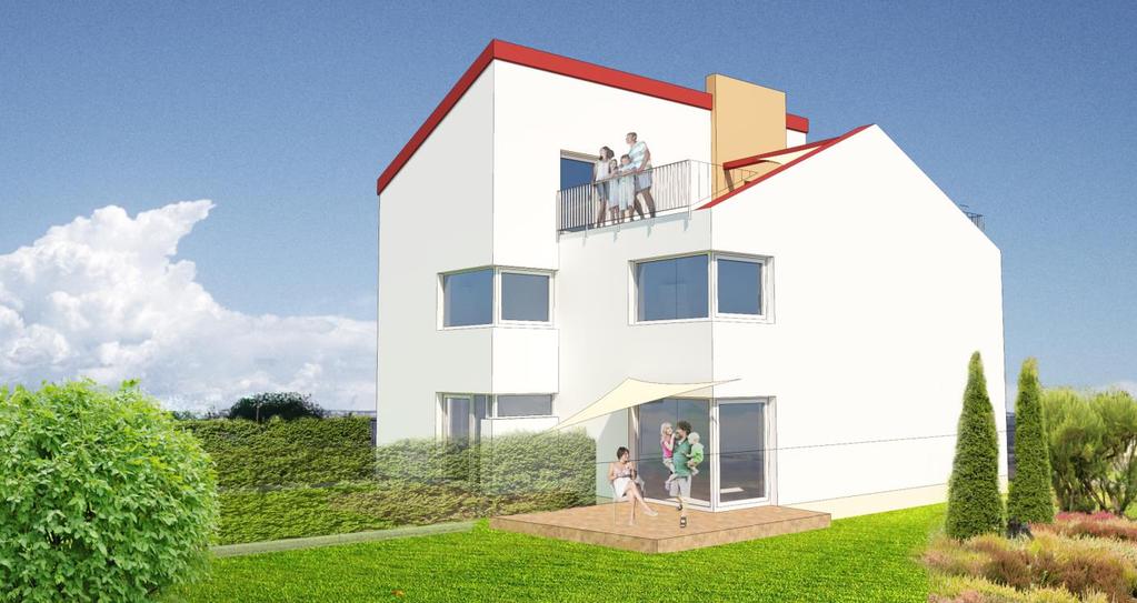26 Vzorové riešenie samostatne stojaceho rodinného domu pre intenzívnejšiu formu zástavby, obsahuje 3 bytové jednotky so zastavanou plochou 135 m2, štúdia: Ing.arch.