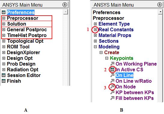 Obr. 3.3. Základný opis Main menu Na obr. 3.3B sú naznačené tri možnosti, s ktorými sa užívateľ môže stretnúť v Main menu: 1. krížik označuje menu, ktoré možno ďalej rozbaliť, 2.