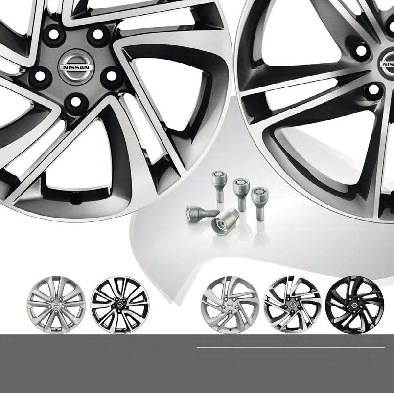 Bezpečnostné matice kolies (38) KOLESÁ Z ĽAHKÝCH ZLIATIN Tieto originálne kolesá z ľahkých zliatin Nissan sú špeciálne navrhnuté a vytvorené pre model QASHQAI a prinášajú neporaziteľný štýl