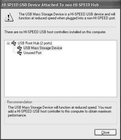 rýchlost ou), ktoré naznačuje, že k portu USB, ktorý nepodporuje vysokorýchlostný USB ste pripojili vysokorýchlostné zariadenie s podporou USB.