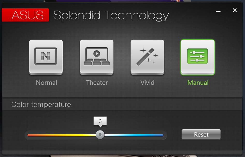 Splendid Poklepaním na túto aplikáciu spustite okno ASUS Splendid Video Enhancement Technology a prepínajte medzi týmito režimami zobrazenia: Normal (Normálne), Theater (Divadlo), Vivid (Živé),