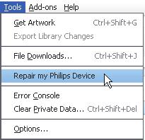 7 Opravenie prehrávača pomocou softvéru Philips Songbird Ak prehrávač SOUNDDOT nefunguje správne alebo prestane reagovať obrazovka, môžete vynulovať jeho nastavenia bez rizika straty údajov: vyberte