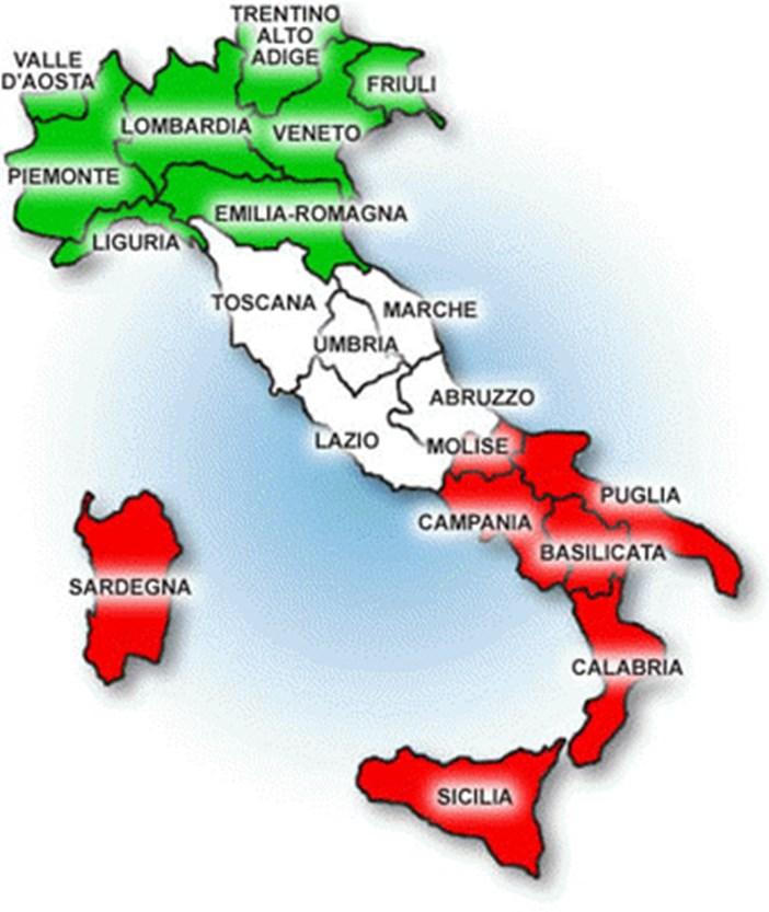 Regióny Talianska rozdelené na sever, stred a juh Vyspelosť severného talianska oproti juhu vidíme aj na príklade nezamestnanosti.
