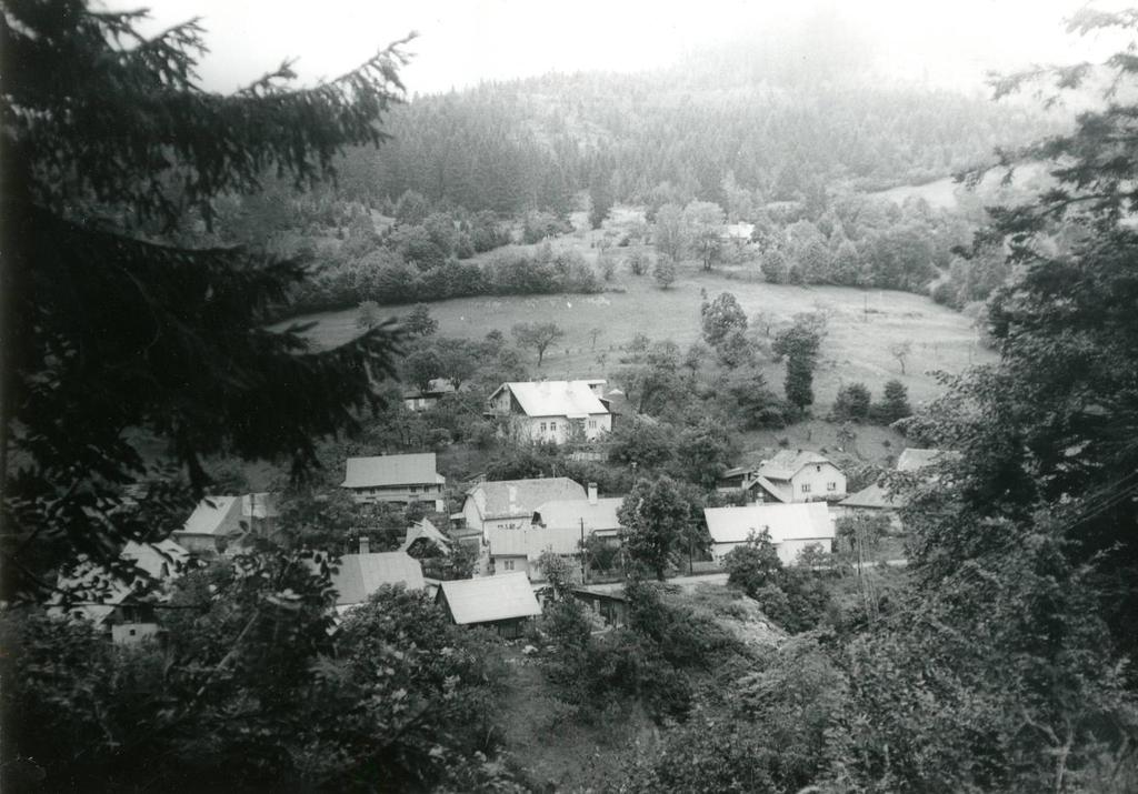 HF28. Pohľad z južnej strany na zástavbu v časti obce Grôb, rok 1980.