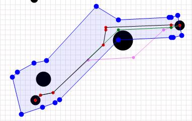 1 - A je vykreslená cesta spolu s návrhom takejto oblasti. Na obrázku 3.1 - B jeden vrchol zmenil svoju polohu a došlo k prekresleniu. Zelená je cesta pred interakciou.