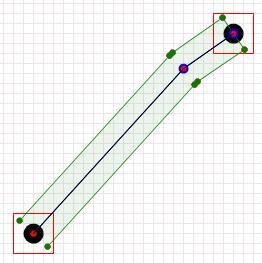 Obr. 3.2: Príklad cesty, ktorá je rozdelená na 2 podkoridory. Čiernou farbou sú zvýraznené dva body, medzi ktorými sa hl adá cesta. Cesta mení smer v jednom bode modro červený vrchol.