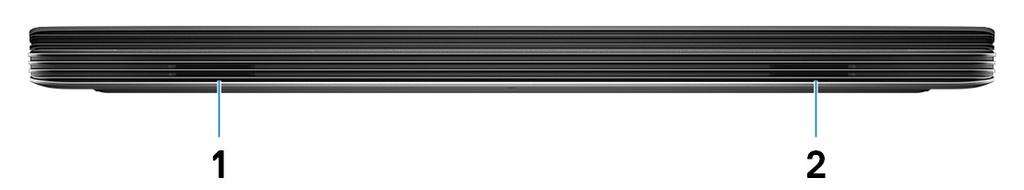 Dell G7 7790 z rôznych pohľadov 3 Predná strana 1 Ľavý reproduktor Poskytuje zvukový výstup. 2 Pravý reproduktor Poskytuje zvukový výstup.