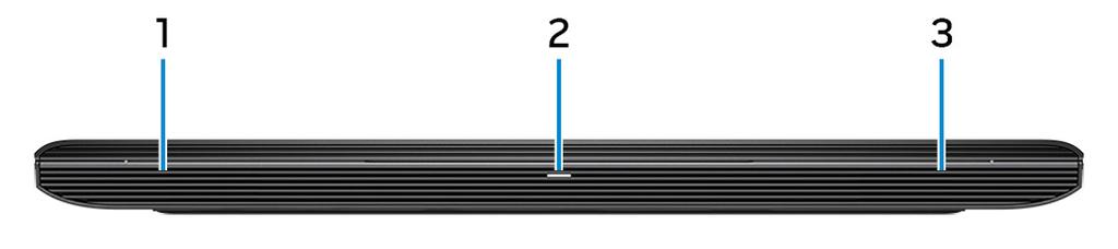 Pohľady Predná strana 1 Ľavý reproduktor Poskytuje zvukový výstup. 2 Kontrolka stavu napájania a batérie / kontrolka aktivity pevného disku Ukazuje stav nabíjania batérie alebo aktivitu pevného disku.