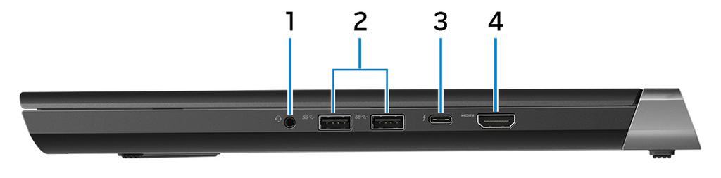 Vpravo 1 Port náhlavnej súpravy Pripojte slúchadlá alebo náhlavnú súpravu (kombinácia slúchadiel a mikrofónu). 2 Porty USB 3.1 1.