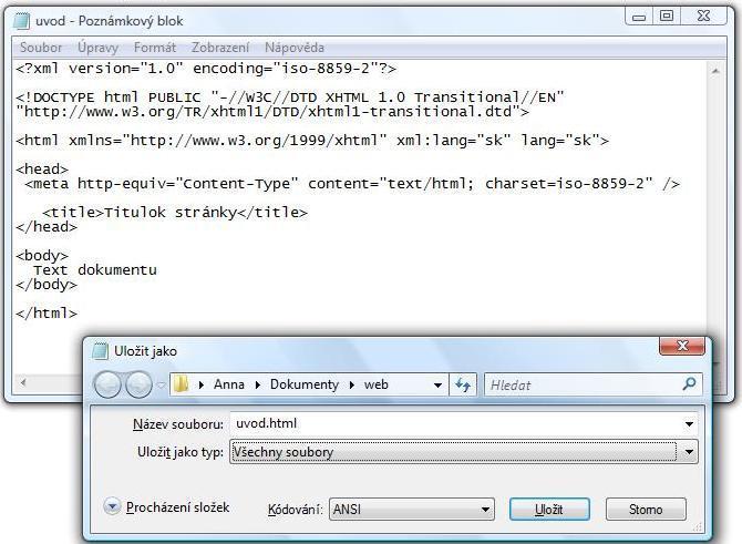 kódovanie dokumentu ukončenie html dokumentu Uloženie dokumentu Príklad html stránky: Zobrazenie stránky prehliadačom: <?xml version="1.0" encoding="iso-8859-2"?> <!