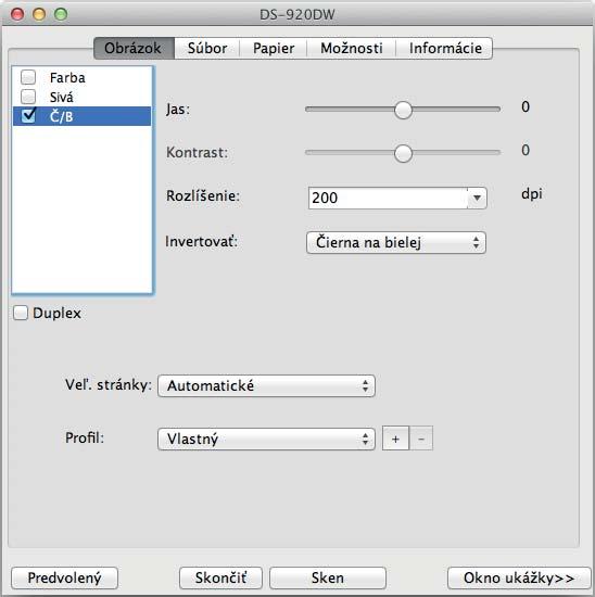Skenovanie použitím počítača Zmena nastavení skenovania v aplikácii DSmobileCapture (pre systém Macintosh) Nastavenia obrázka Po kliknutí na kartu Obrázok môžete vybrať typ obrázka a nastaviť