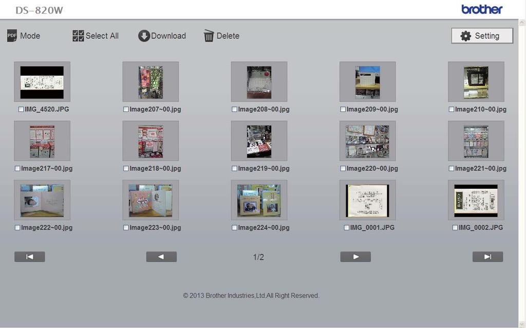 Prístup k naskenovaným obrázkom na karte SD (1) (2) (3) (4) (5) (6) 7 (7) (8) (7) (1) Mode (Mod) Kliknutím môžete prepínať naskenovaný obrázok podľa formátu (PDF alebo JPEG).