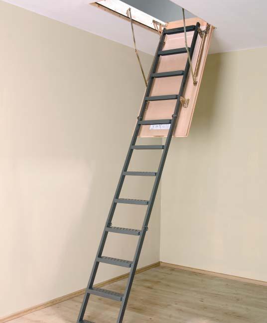 Podkrovné sklápacie schody s kovovým rebríkom LWM Podkrovné schody LWM sú skladajú z kovového rebríka a termoizolačnej dosky s koeficientom