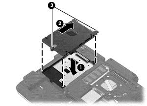 3. Dotiahnite dve skrutky pevného disku (3). 4. Zarovnajte úchytky (1) na kryte pevného disku so zárezmi na počítači. 5. Zatvorte kryt (2). 6.