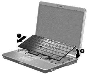 15. Zarovnajte výčnelky na klávesnici so zárezmi na počítači (1) a vráťte klávesnicu