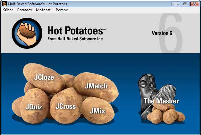 KAPITOLA 10 TVORBA ELEKTRONICKÝCH DIDAKTICKÝCH TESTOV A INTERAKTÍVNYCH CVIČENÍ 10.4 Hot Potatoes Obrázok č. 32: Úvodná stránka softvérovej aplikácie Hot Potatoes.