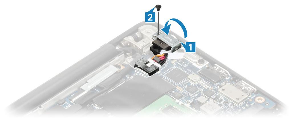 3. Vráťte na miesto kovovú konzolu, ktorá pripevňuje port napájacieho adaptéra [1]. 4. Zaskrutkujte späť jednu skrutku (M2 x 3), ktorá pripevňuje port napájacieho adaptéra k zostave opierky dlaní [2].
