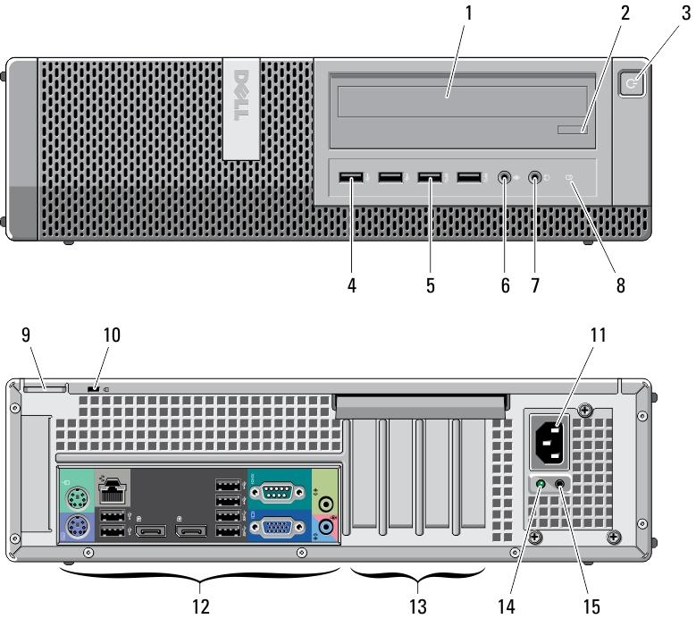 10. diagnostická kontrolka zdroja 11. diagnostické tlačidlo zdroja 12. konektor 13. konektory zadného panela 14. zásuvky pre rozširujúce karty (4) 15. zásuvka bezpečnostného kábla 16.