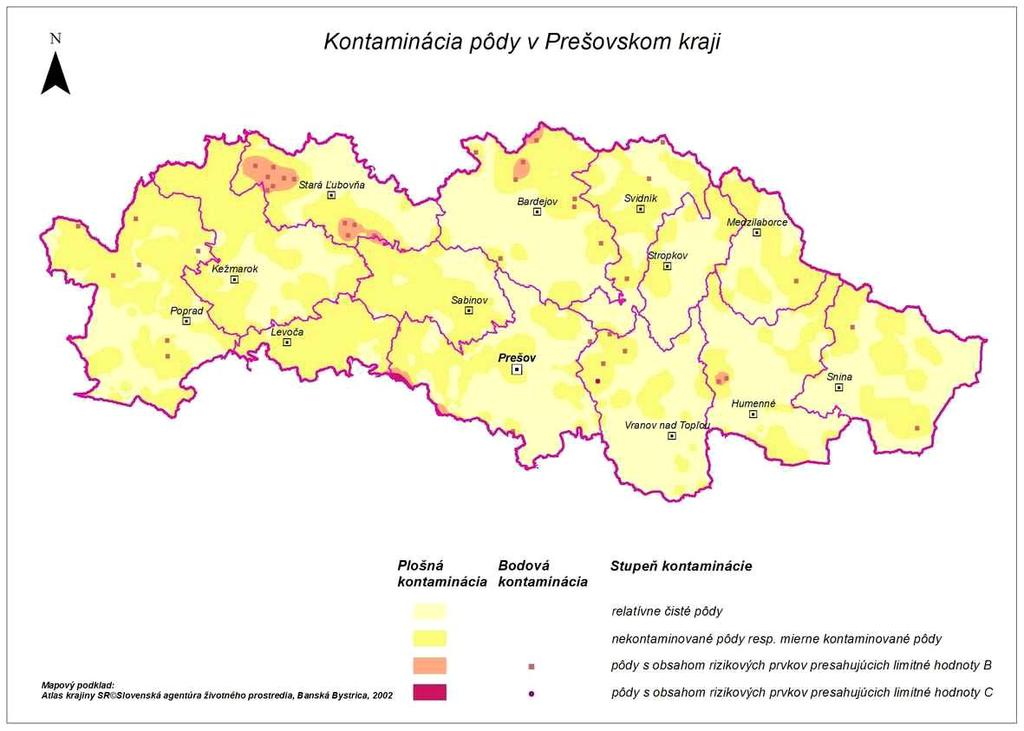 Mapa č. 8 Kontaminácia pôdneho fondu v PSK Zdroj: SAŽP III.4.4 Odpady V Prešovskom kraji sú zavedené systémy zberu, oddeleného zberu a spätného zberu odpadov.
