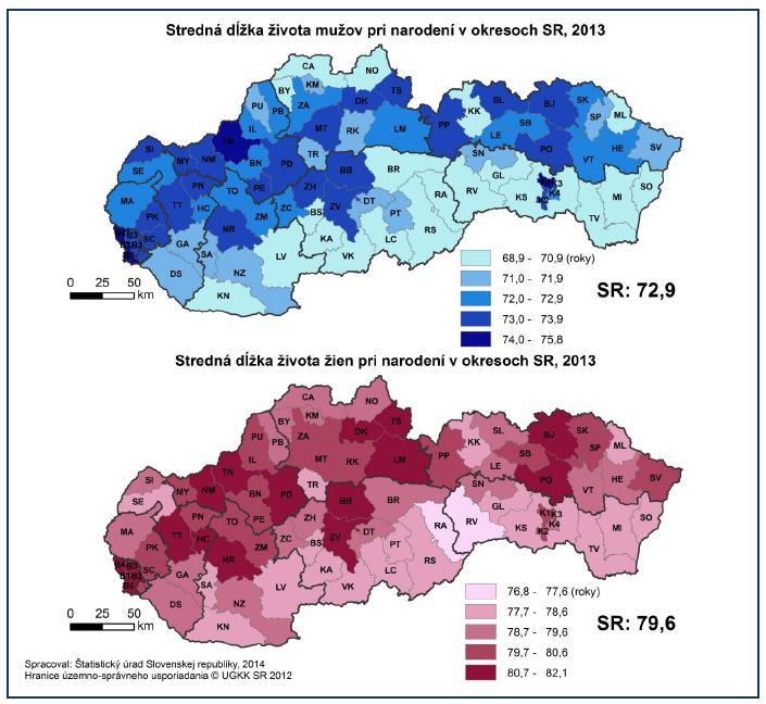 Obr. č. 8 Stredná dĺžka života pri narodení v SR, 1994 2013 Zdroj: ŠÚSR Mapa č.