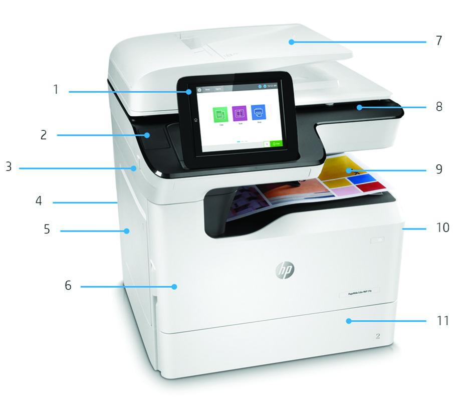 Údajový list Popis príslušenstva výrobku Zobrazené je farebné multifunkčné zariadenie HP PageWide Color 779dn. Farebný otočný dotykový panel s uhlopriečkou 20,3 cm (8,0") 2.