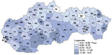 Mapa 26. Počet zomretých na 1000 obyvateľov podľa okresov v roku 2002 Graf 213.