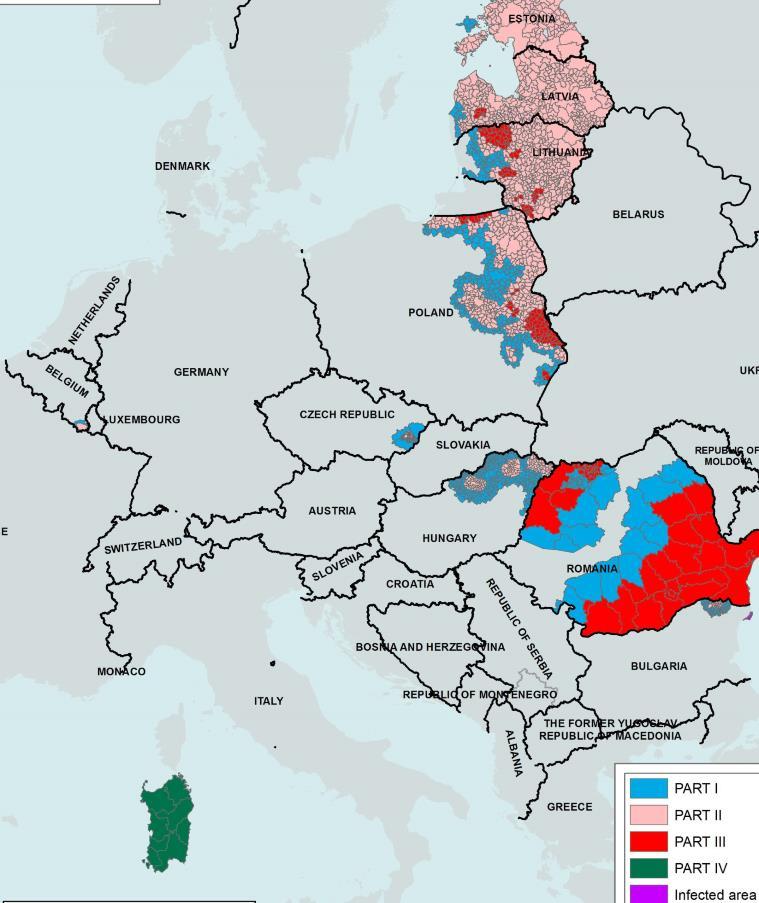 Mapa výskytu (regionalizácia) AMO: zdroj Európska Komisia (december 2018) Modré časti - rizikové