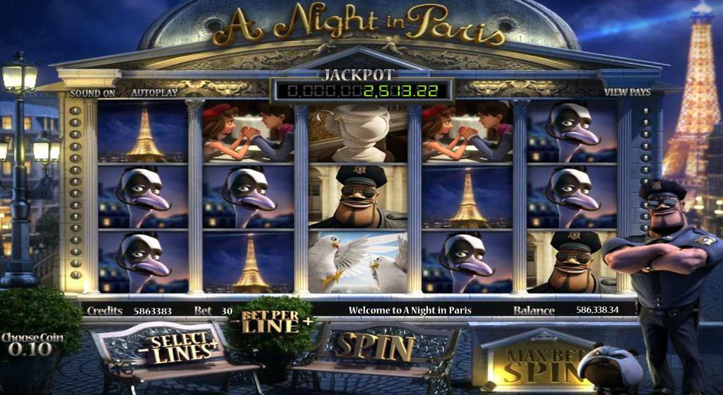A Night in Paris Je 5-valcový, multi-líniový výherný video prístroj, s možnosťou hrania na 1, 3, 5, 7, 9, 11, 13, 15, 17, 19, 21, 23, 25, 27, 28, 29 a 30tich líniách.