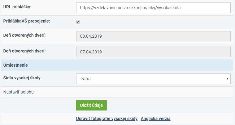 Pole PrihláškaVŠ prepojenie zobrazuje URL centrálnej elektronickej prihlášky na stránke Portál VŠ.
