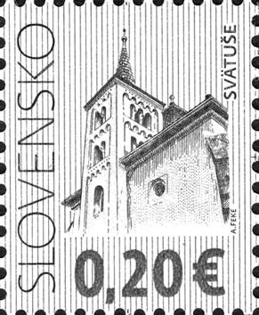 Na známke nominálnej hodnoty 20 centov (6 Sk) je kostol vo Svätušiach. Poštová známka zobrazuje románsku vežu kostola s typickým oblúčkovým vlysom a združenými oknami.