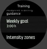 Ak nechcete používať adaptívne vedenie, ale chcete používať cieľ cvičenia, môžete definovať cieľový počet hodín ako svoj týždenný cieľ v nastaveniach v položke Training. 1. Vypnite Guidance. 2.