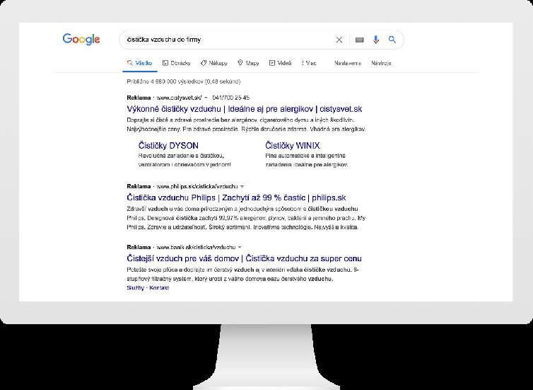 Google vyhľadávanie Reklama sa zobrazuje v Google vyhľadávaní na prvých 3 pozíciách.