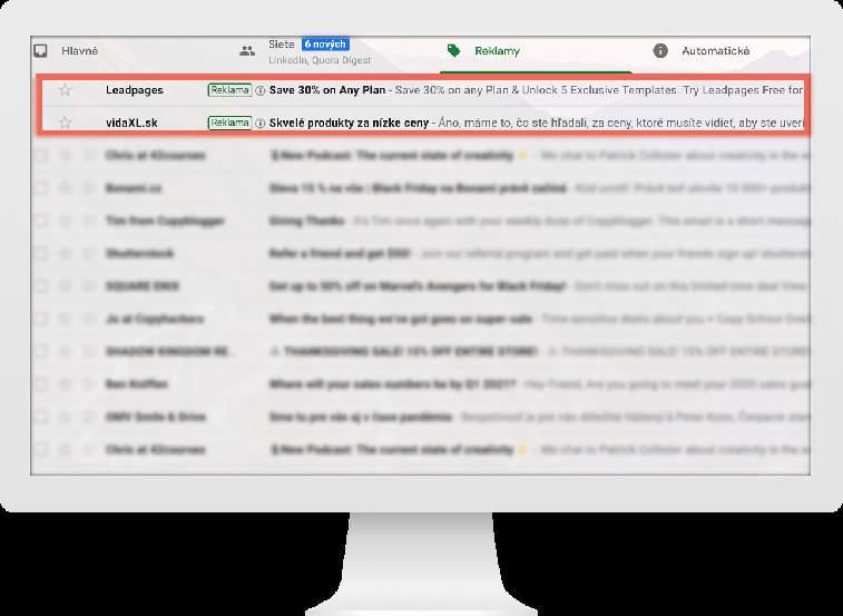Gmail reklama Gmail reklama vyzerá ako e-mailová správa.