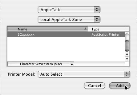 Keď sa zobrazí viac zón Apple Talk, vyberte z menu zónu, ktorá obsahuje tlačiareň. Pokiaľ používate Mac OS X v0.5 - v0.5.6, kliknite na ikonu [Default]. () Kliknite na názov modelu stroja.
