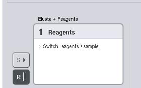 Definícia ďalšieho bloku Vzorka 1. Stlačte tlačidlo S naľavo od bloku 1 na obrazovke Sample Rack(s) (Stojan (stojany) na vzorky). Blok Reagents (Reagencie) sa zmení na blok Sample (Vzorka).