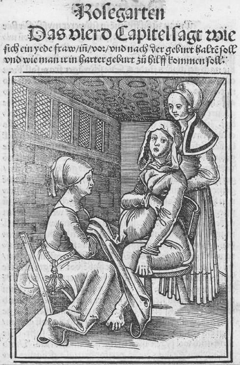 M. Caldenbach: Rodička na pôrodnom kresle (drevoryt z Der