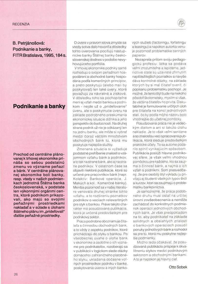 RECENZIA B. Petrjánošová: Podnikanie a banky, FITR Bratislava, 1995,184 s.