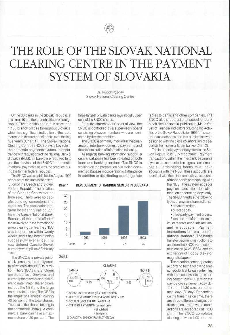 THE ROLE OF THE SLOVAK NATIONAL CLEARING CENTRE IN THE PAYMENT SYSTEM OF SLOVAKIA Dr.