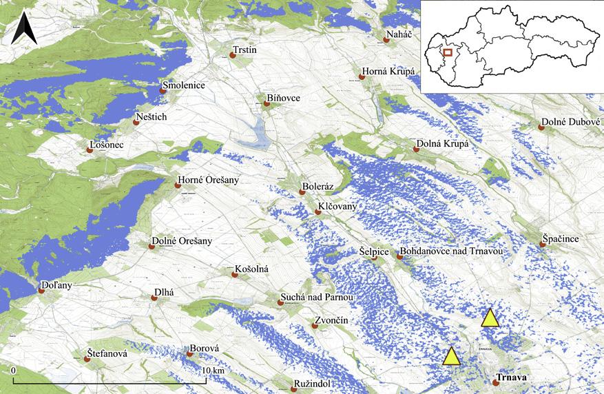 Visible area is in blue (graphics by M. Neumann). Obr. 2. Analýza viditeľnosti zo západných a severných predmestí Trnavy (miesta rozhľadu označujú žlté trojuholníky).