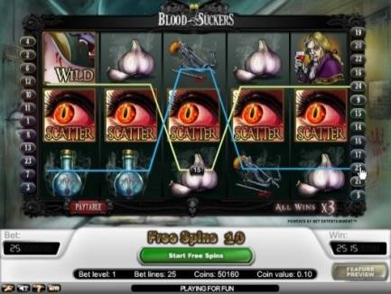 Spustenie symbolov Scatter a roztočení zdarma Hra Blood Suckers obsahuje animované symboly Scatter, ktoré poskytujú hráčovi šancu vstúpiť do funkcie roztočení zdarma. Výhry za symboly Scatter.