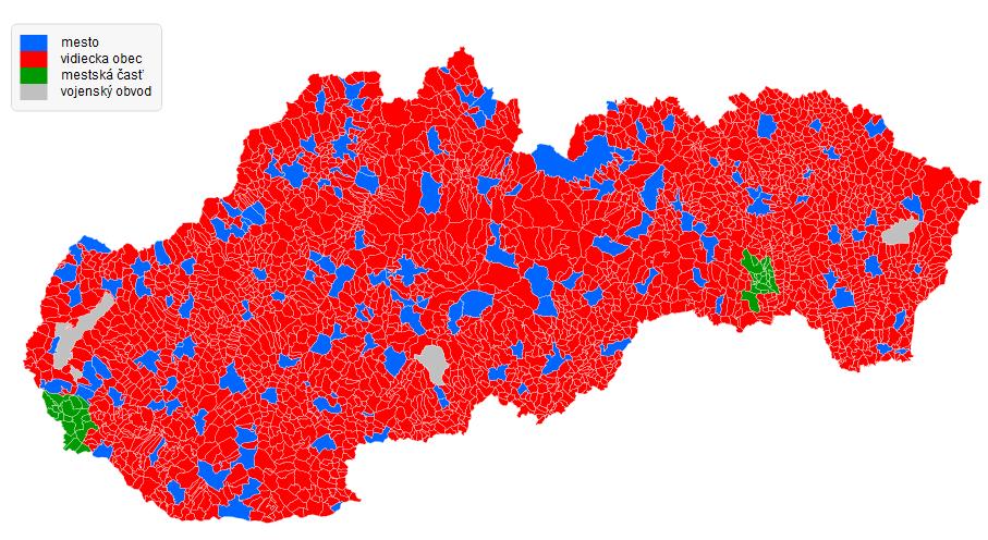 Mapa 1: Rozdelenie obcí SR podľa ich typu Zdroj: http://www.sodbtn.sk/obce/obce_typ_mapa.