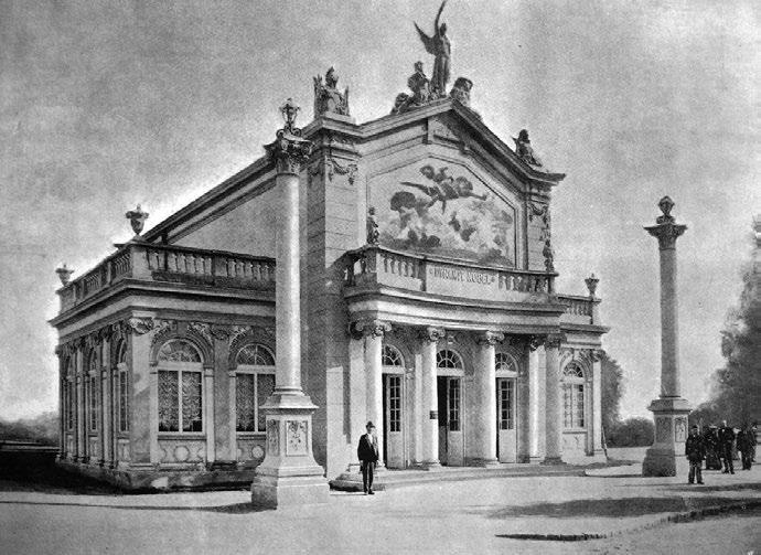 Pavilón podniku Dynamit Nobel na celoštátnej budapeštianskej výstave roku 1885. Na priečelí pavilónu vidieť fresku alegoricky znázorňujúcu silu dynamitu.