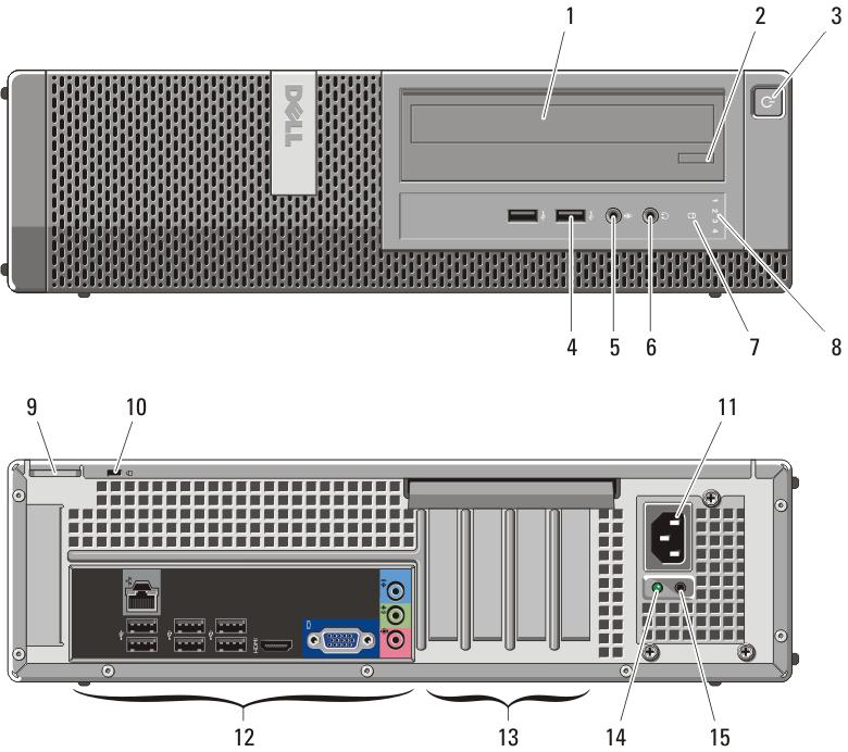 11. diagnostické tlačidlo zdroja 12. konektor napájacieho kábla 13. konektory zadného panela 14. zásuvky pre rozširujúce karty (4) 15. zásuvka bezpečnostného kábla 16.