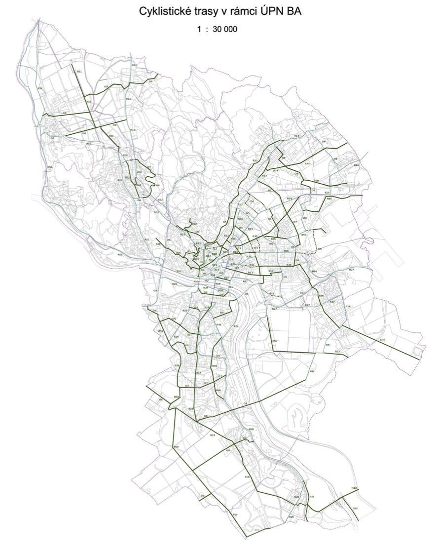 Obrázok 5: Cyklistické trasy na území hlavného mesta Slovenskej republiky Bratislavy (Územný generel dopravy hl.