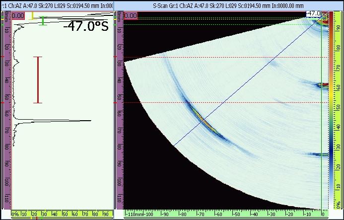 Indikácia koncového echa od hrany izolátora Obr. 9 Meranie a záznam neporušeného izolátora pomocou sondy phased array Indikácia lupienkového lomu Echo od protiľahlej steny Obr.