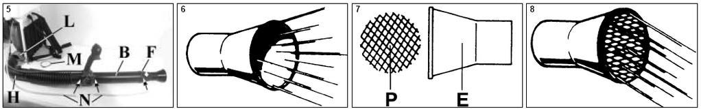4) na trubicu rozprašovača (B) a zaistite ich v polohe skrutkou (G). Horná časť trysky (E) sa používa na postrekovanie veľkých plôch (Obr. 6). 3. Ohybnú hadicu (H, obr.